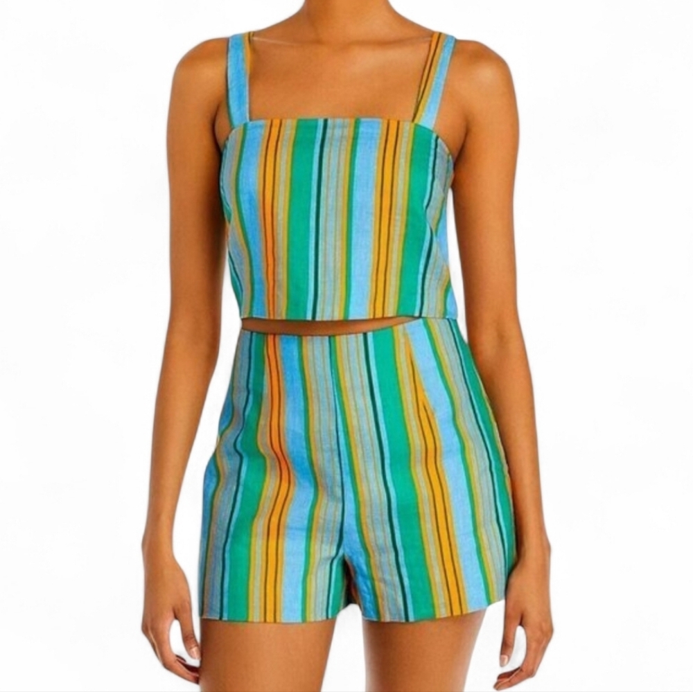 Staud Oscar Striped Linen Shorts In Blue And Orange Ibiza Stripe Size 16 NWT - Picture 1 of 14